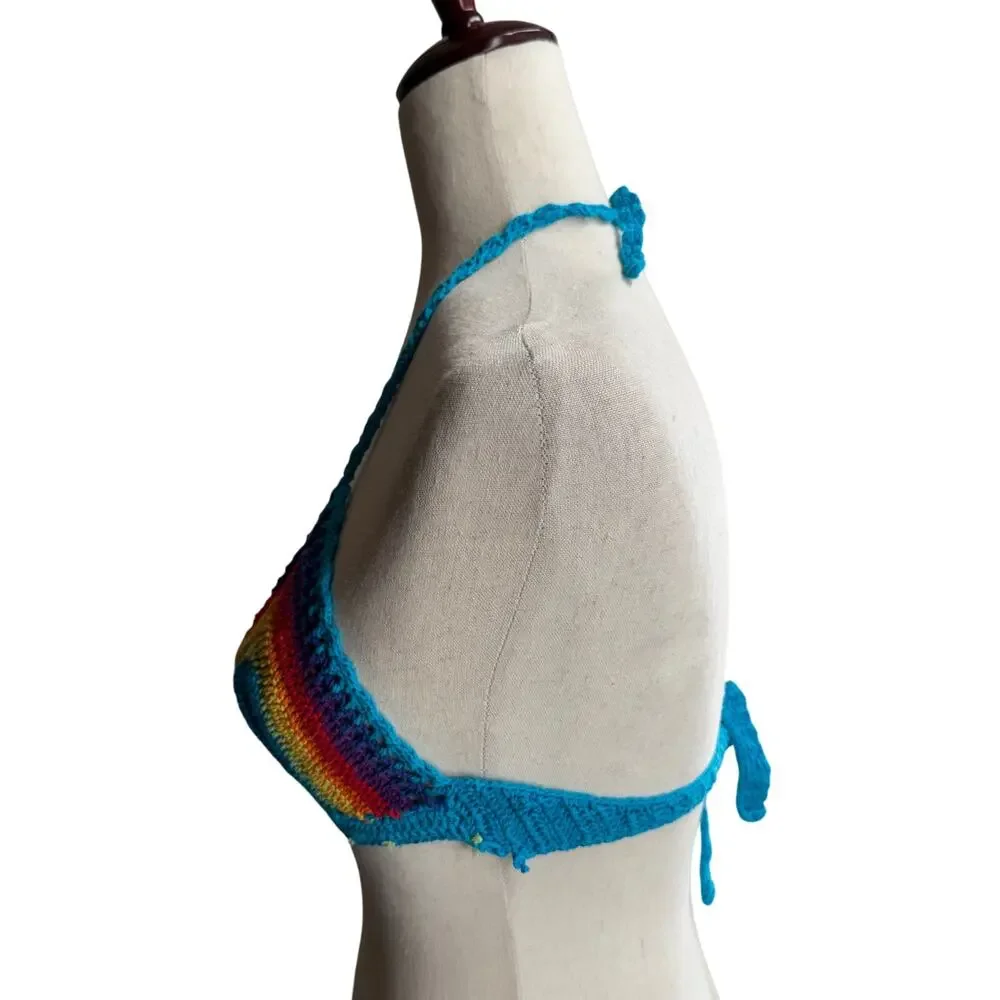 Island Planet Rainbow Crochet Knit Bikini Top Womens Small‎ Festival Boho